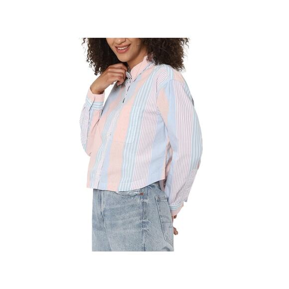 American Eagle Womens Button Up Top Large Colorful Patchwork Stripes Boxy Pastel - Picture 7 of 7